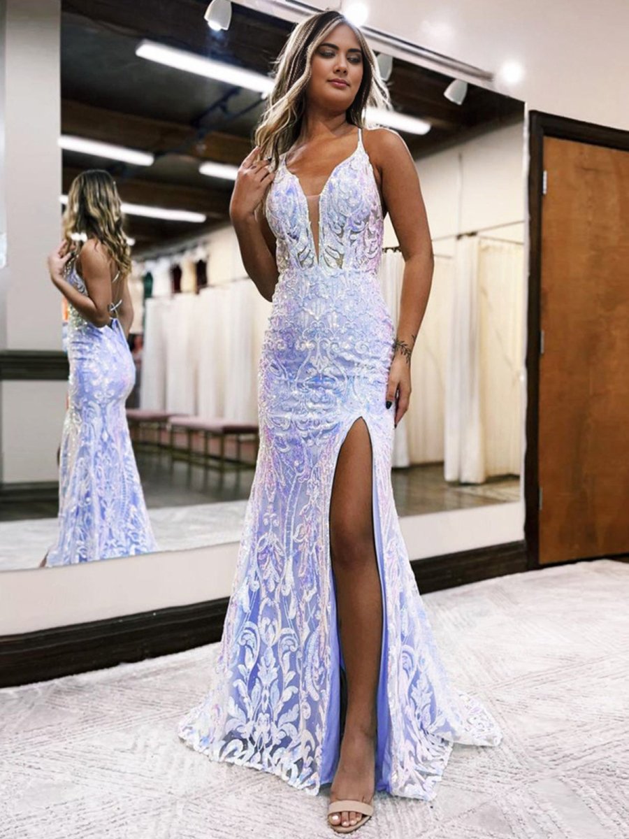 Mermaid Spaghetti Straps Blue Sequins Lace Long Prom Dresses with Slit, Blue / 10 Mermaid Spaghetti Straps Blue Sequins Lace Long Prom Dresses with Slit, Blue / 10