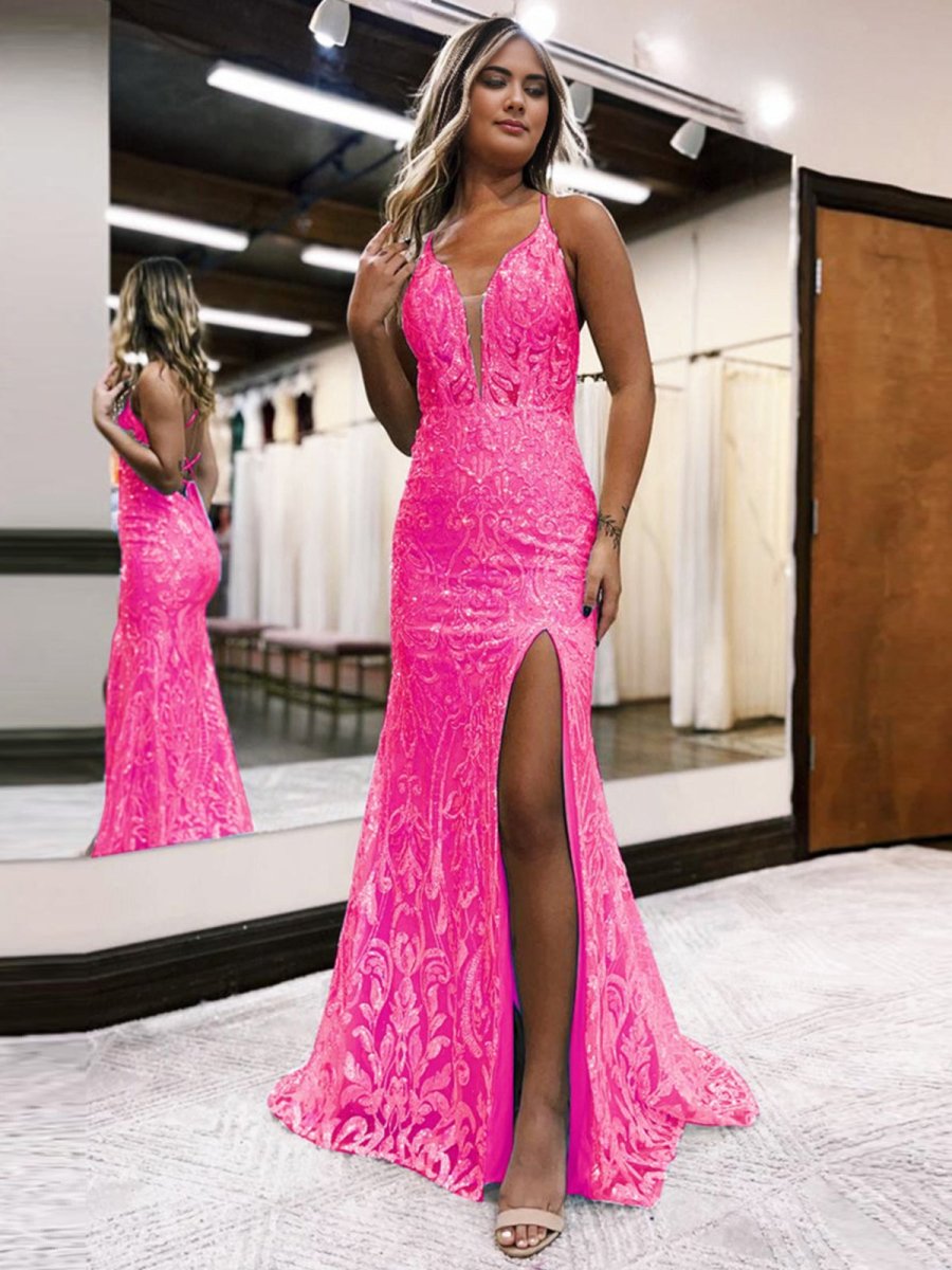 Mermaid Spaghetti Straps Blue Sequins Lace Long Prom Dresses with Slit, Blue / 10 Mermaid Spaghetti Straps Blue Sequins Lace Long Prom Dresses with Slit, Blue / 10