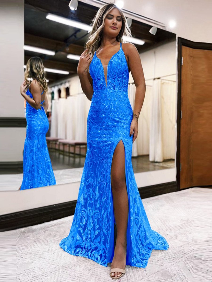 Mermaid Spaghetti Straps Blue Sequins Lace Long Prom Dresses with Slit, Blue / 10 Mermaid Spaghetti Straps Blue Sequins Lace Long Prom Dresses with Slit, Blue / 10