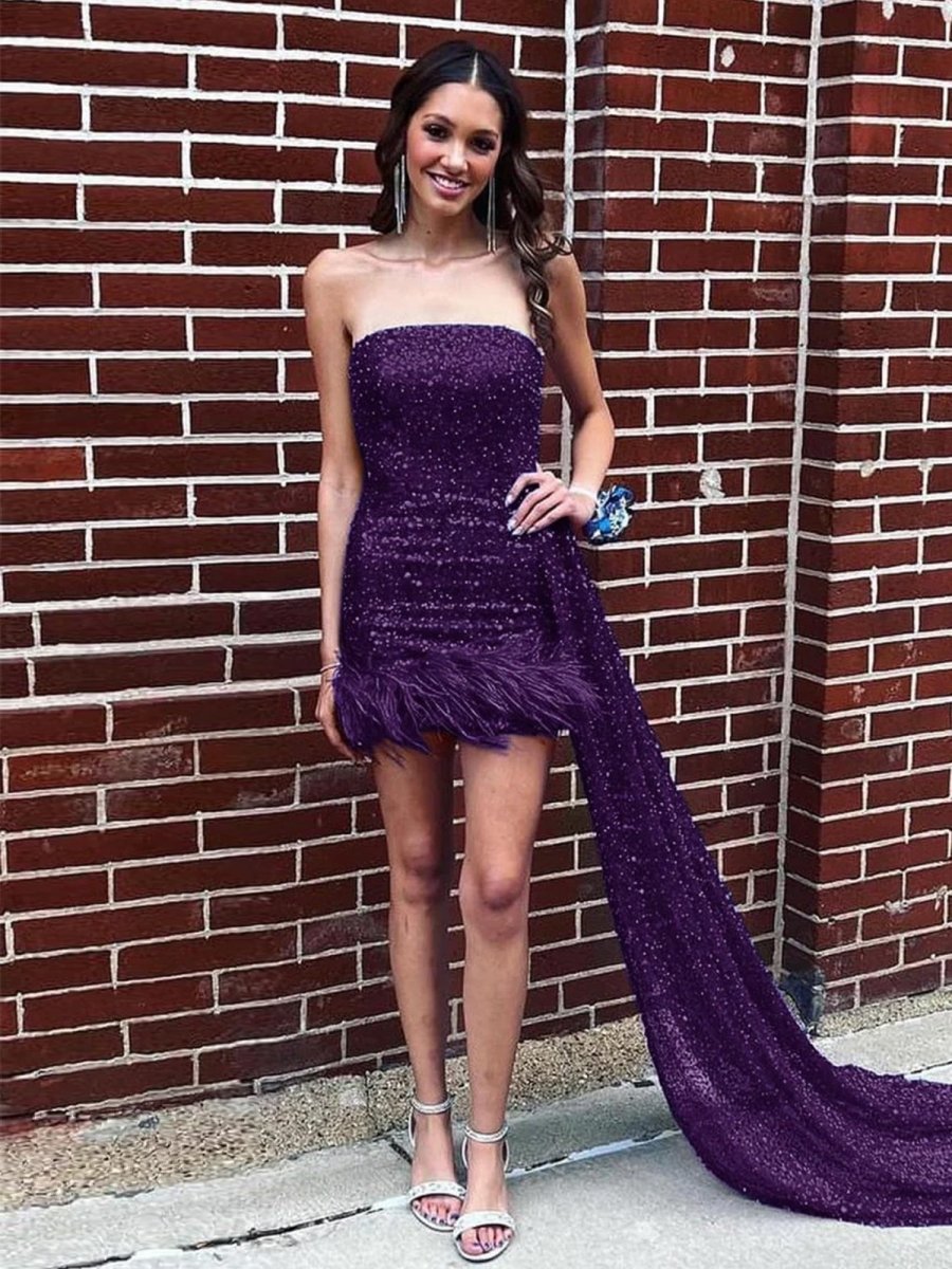 Rael | Purple - Strapless Bodycon Sequins Homecoming Dresses With Feather