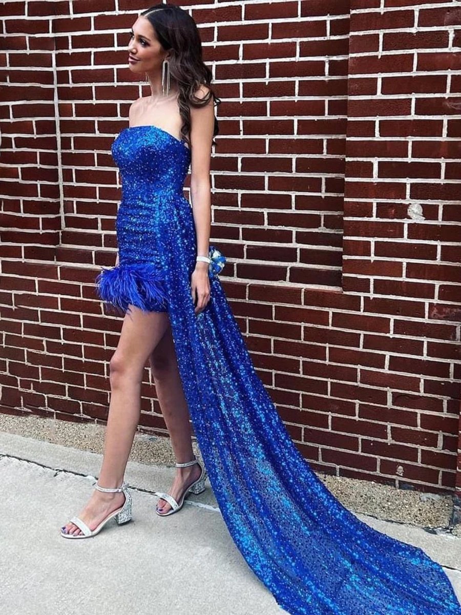Rael | Royal Blue - Strapless Bodycon Sequins Homecoming Dresses With Feather