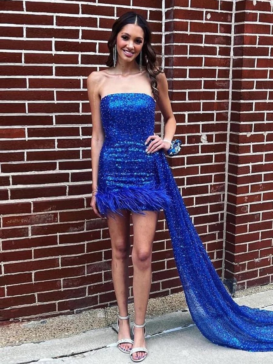 Rael | Royal Blue - Strapless Bodycon Sequins Homecoming Dresses With Feather