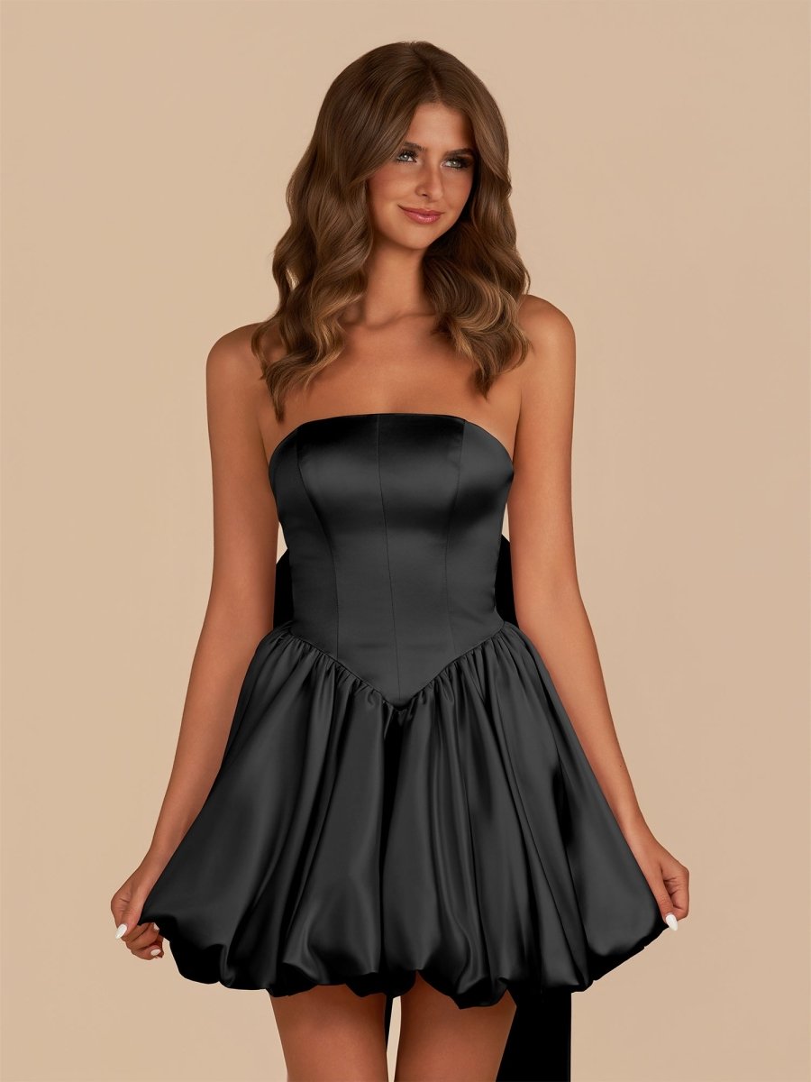 Raelee | Black - Strapless A Line Satin Short Homecoming Dress With Bow