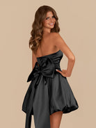 Raelee | Black - Strapless A Line Satin Short Homecoming Dress With Bow