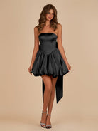Raelee | Black - Strapless A Line Satin Short Homecoming Dress With Bow