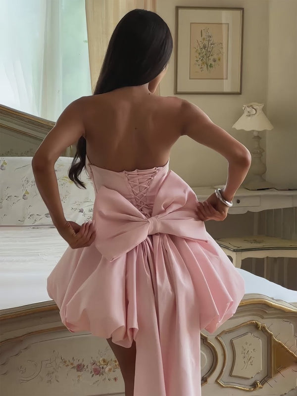 Raelee | Pink - Strapless A Line Satin Short Homecoming Dress With Bow
