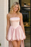 Pink Strapless A Line Satin Short Homecoming Dress With Bow - KissProm