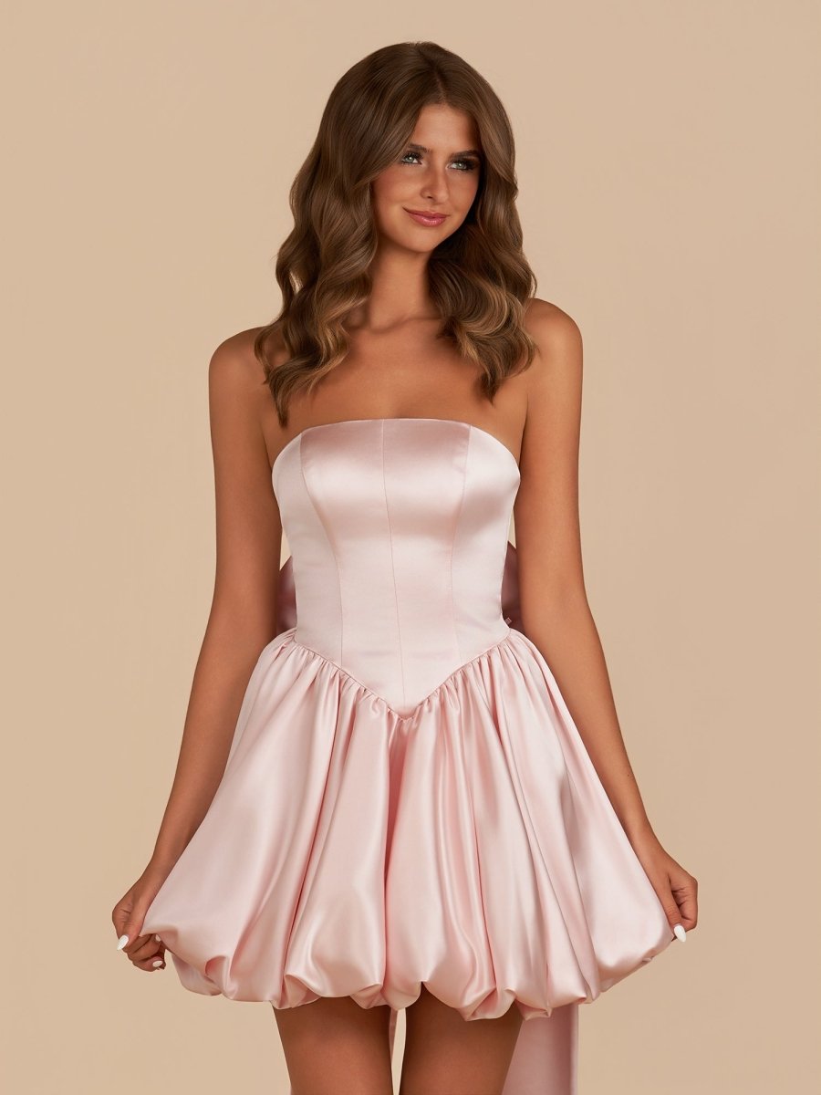 Raelee | Pink - Strapless A Line Satin Short Homecoming Dress With Bow
