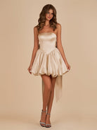 Raelee | Champagne - Strapless A Line Satin Short Homecoming Dress With Bow