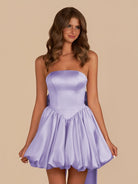 Raelee | Lavender - Strapless A Line Satin Short Homecoming Dress With Bow - KissProm