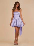 Raelee | Lavender - Strapless A Line Satin Short Homecoming Dress With Bow - KissProm