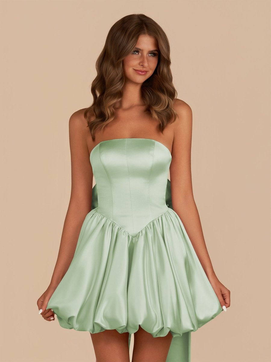 green satin homecoming dress Sage Strapless Satin A-Line Short Homecoming Dress with Bow, Sage Green / 16