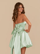 Raelee | Sage - Strapless A Line Satin Short Homecoming Dress With Bow