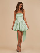 Raelee | Sage - Strapless A Line Satin Short Homecoming Dress With Bow