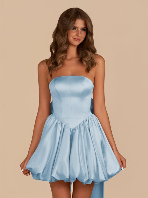 Raelee | Sky Blue - Strapless A Line Satin Short Homecoming Dress With Bow