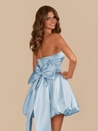 Raelee | Sky Blue - Strapless A Line Satin Short Homecoming Dress With Bow