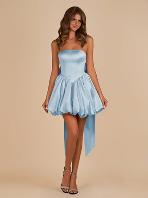 Raelee | Sky Blue - Strapless A Line Satin Short Homecoming Dress With Bow