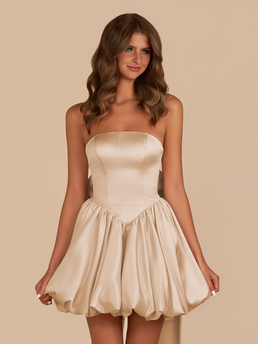 Raelee | Champagne - Strapless A Line Satin Short Homecoming Dress With Bow