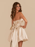 Raelee | Champagne - Strapless A Line Satin Short Homecoming Dress With Bow