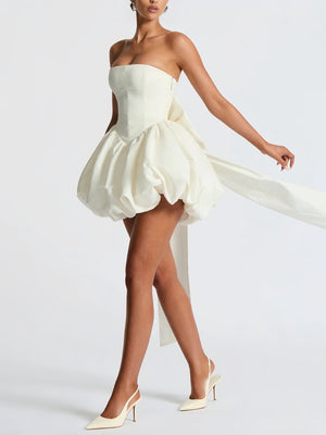 Raelee | White - Strapless A Line Satin Short Homecoming Dress With Bow