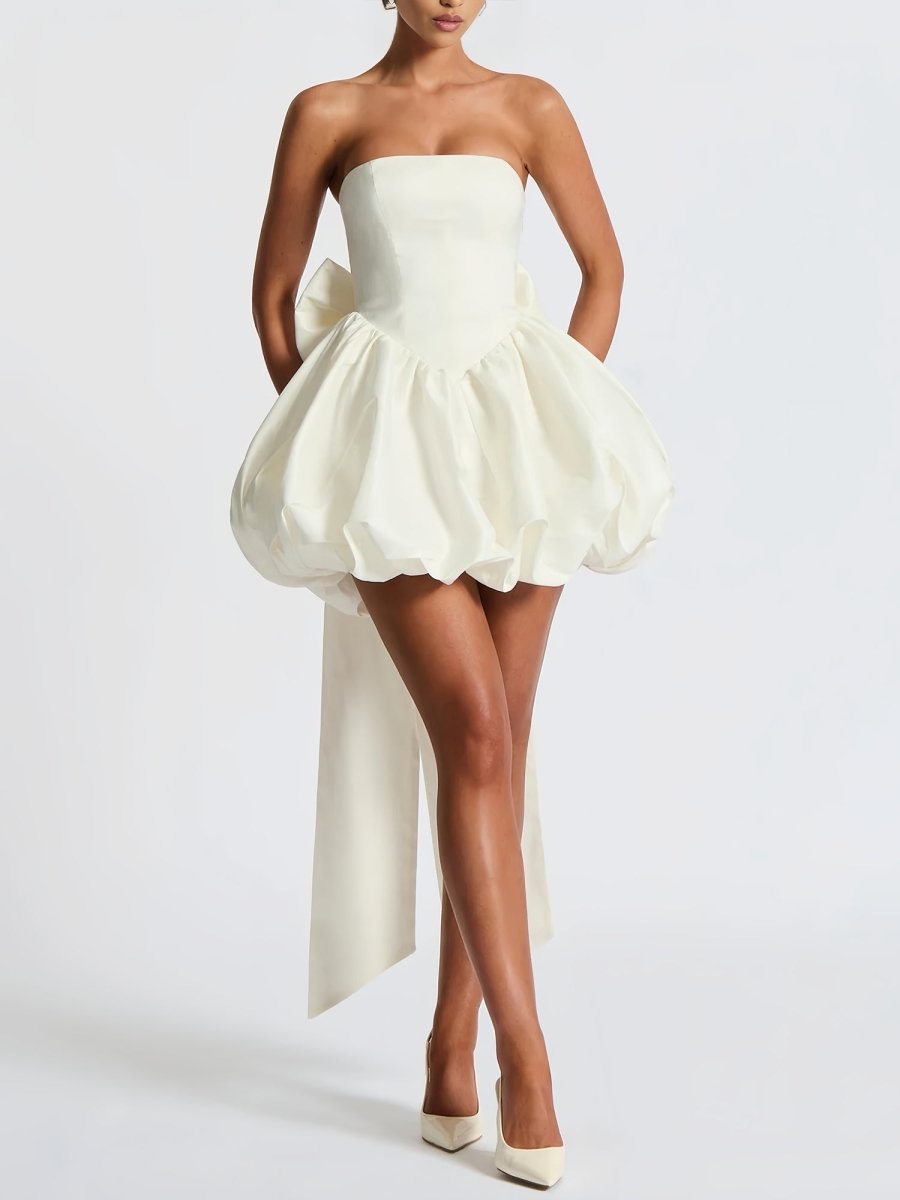 Tight Strapless Pleated Satin Short Homecoming Dress with Bow