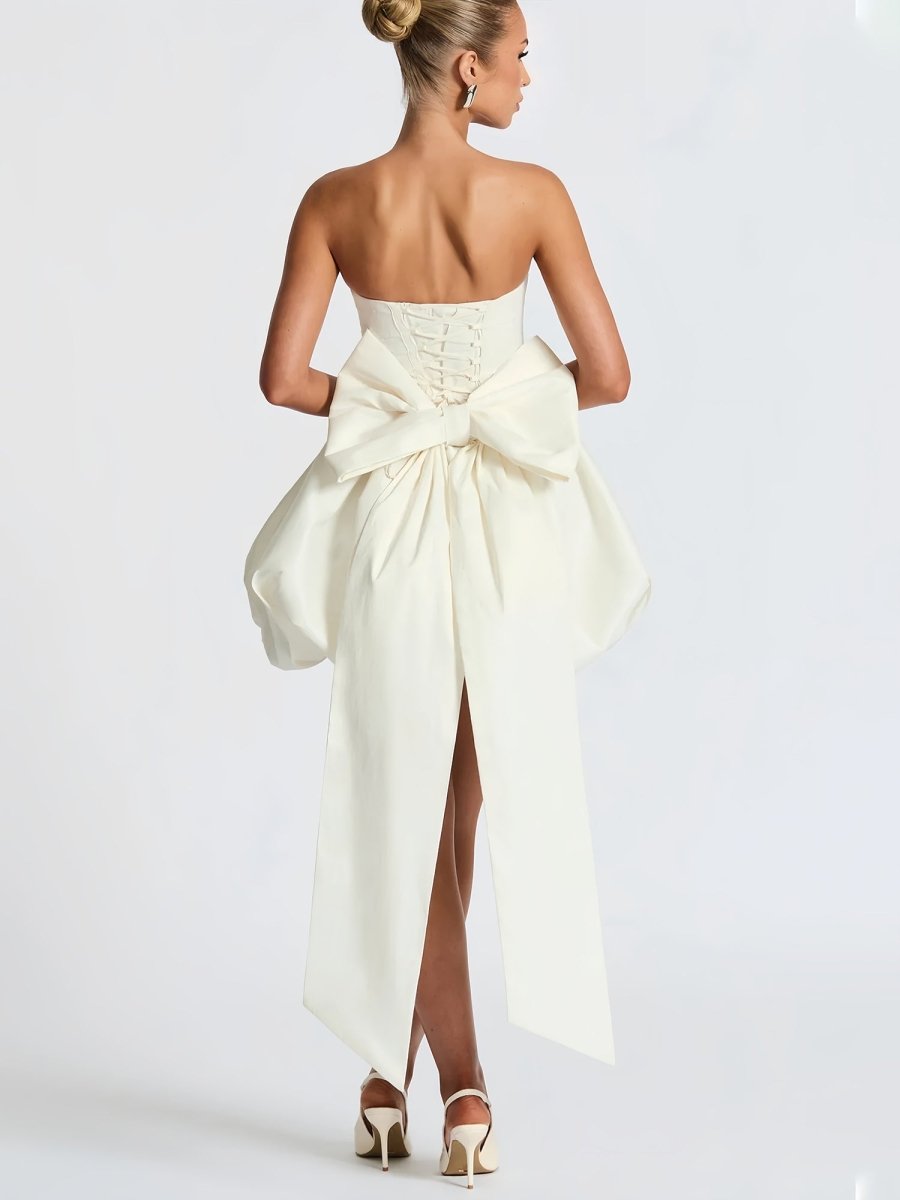 Raelee | White - Strapless A Line Satin Short Homecoming Dress With Bow