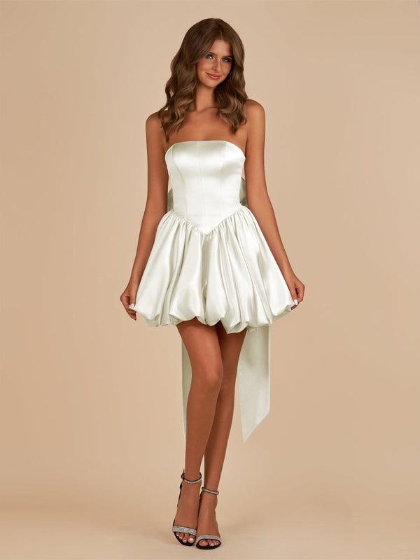 Raelee | White - Strapless A Line Satin Short Homecoming Dress With Bow - KissProm