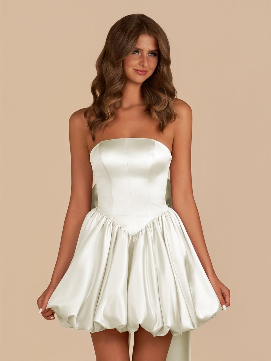 Raelee | White - Strapless A Line Satin Short Homecoming Dress With Bow - KissProm