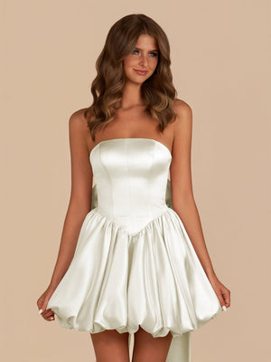 Raelee | White - Strapless A Line Satin Short Homecoming Dress With Bow - KissProm