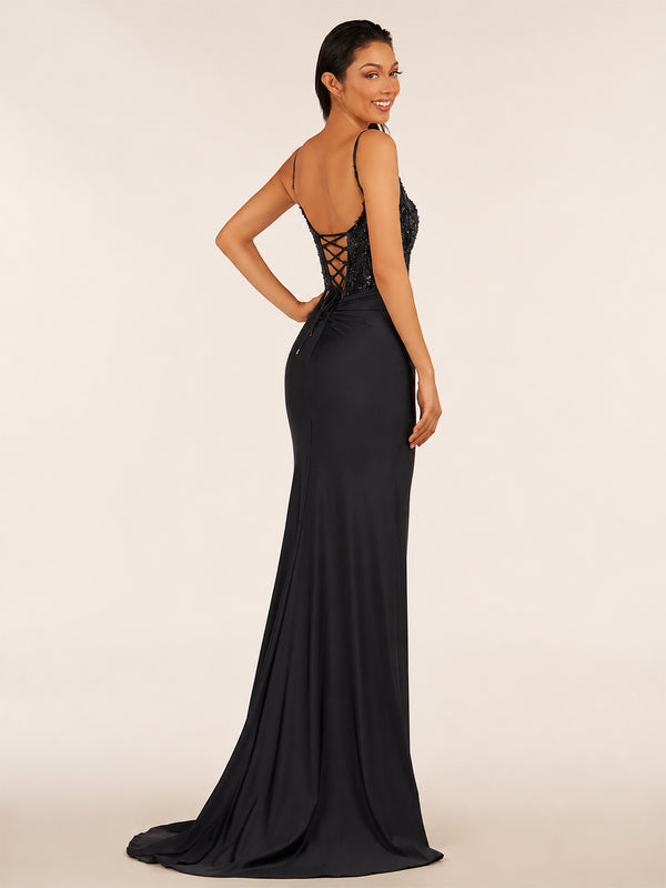 Green V Neck Beading Satin Long Slit Prom Dresses - KissProm
