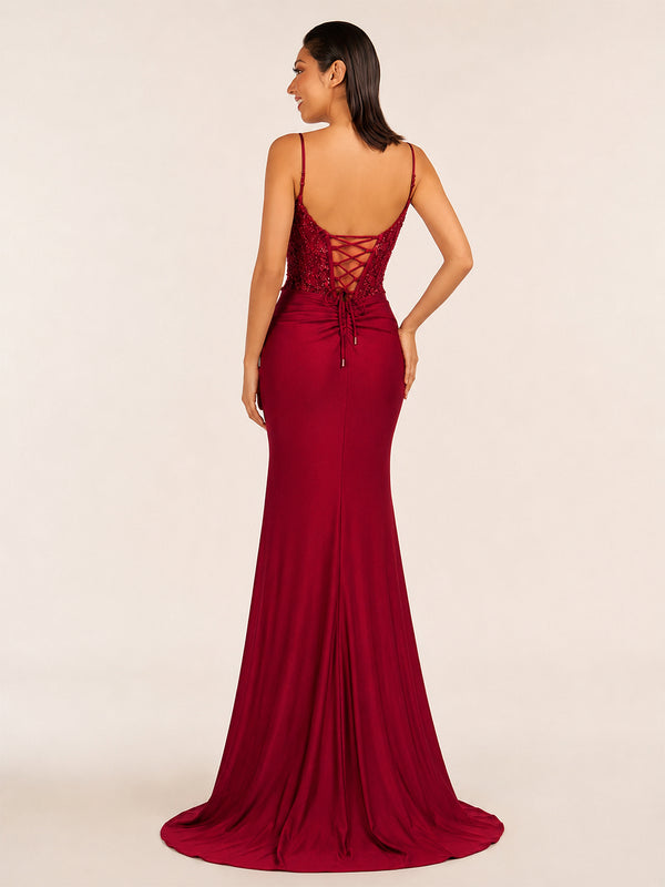 Green V Neck Beading Satin Long Slit Prom Dresses - KissProm