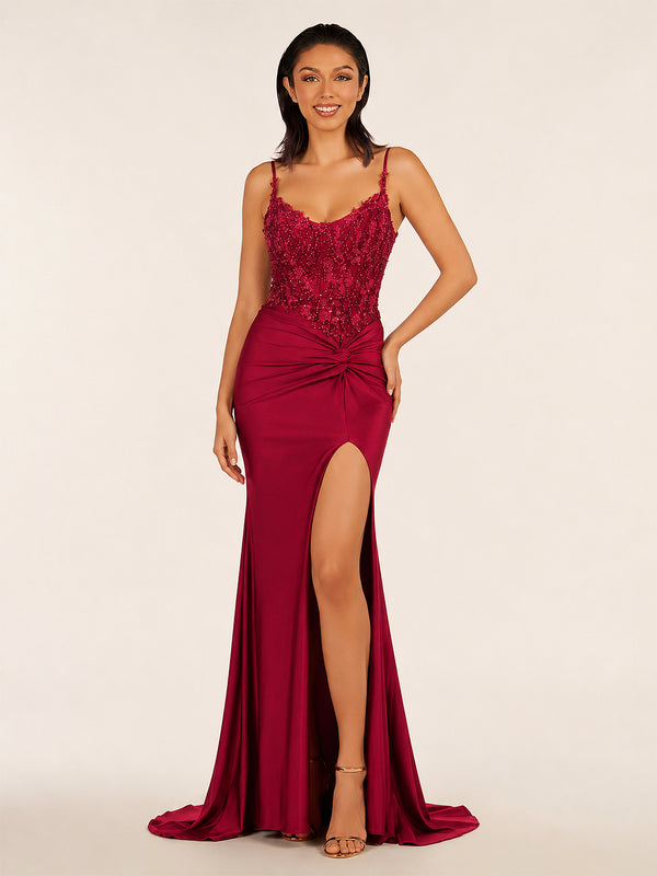 Green V Neck Beading Satin Long Slit Prom Dresses - KissProm