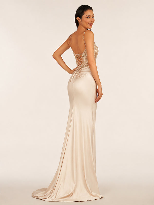 Green V Neck Beading Satin Long Slit Prom Dresses - KissProm