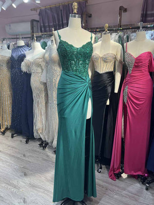 Rafenild | Green V Neck Beading Satin Long Slit Prom Dresses