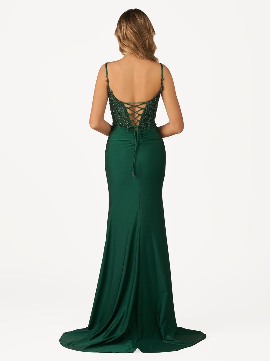 Green V Neck Beading Satin Long Slit Prom Dresses Green / 14