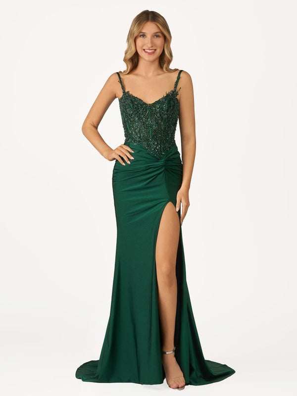 Rafenild | Green V Neck Beading Satin Long Slit Prom Dresses