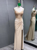 Green V Neck Beading Satin Long Slit Prom Dresses – Prom Dresses by KissProm | Available at KissProm