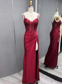 Green V Neck Beading Satin Long Slit Prom Dresses – Prom Dresses by KissProm | Available at KissProm