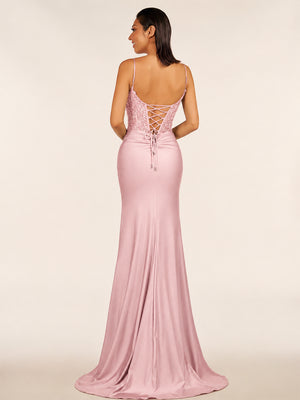 Green V Neck Beading Satin Long Slit Prom Dresses - KissProm