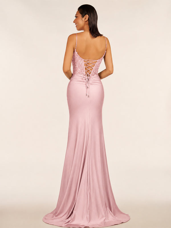 Green V Neck Beading Satin Long Slit Prom Dresses - KissProm