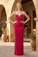 Burgundy One Shoulder Rhinestones Pleated Long Prom Dresses - KissProm