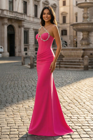 KissProm- Hot Pink One Shoulder Rhinestones Pleated Long Prom Dresses
