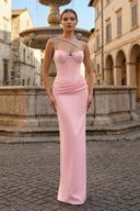 Hot Pink One Shoulder Rhinestones Pleated Long Prom Dresses - KissProm