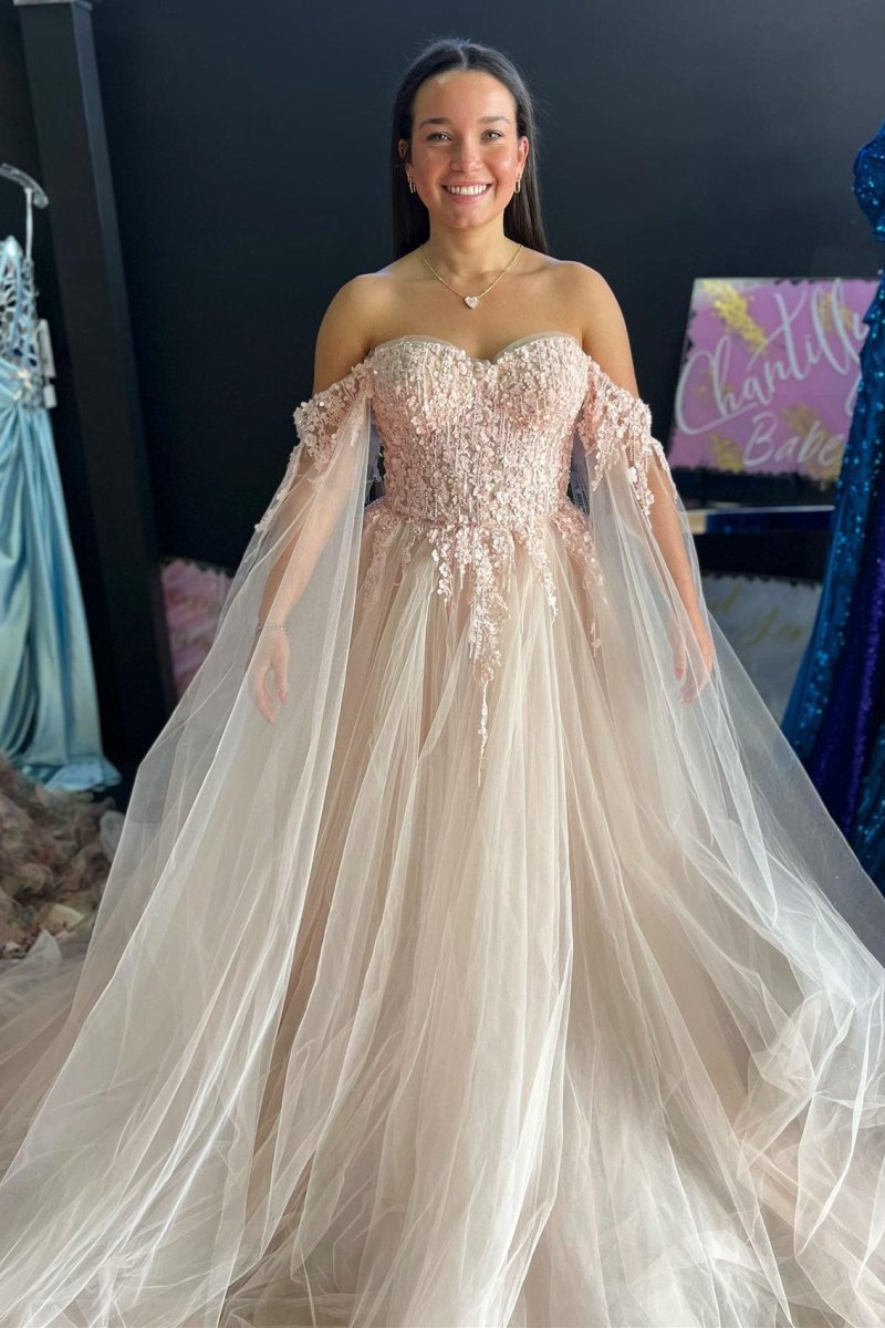Blush Pink 3D Floral Lace Off-the-Shoulder Ball Gown Blush Pink / 2