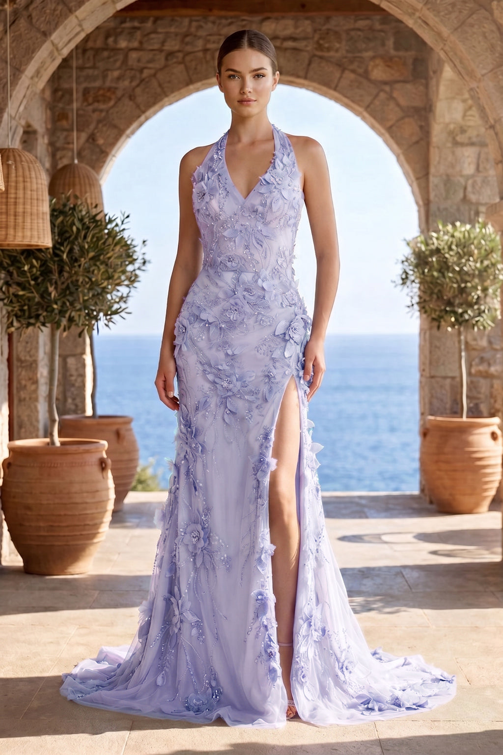 fitted lace wedding dress Sage Sheath Halter Sequined Long Prom Dresses With Floral Appliques