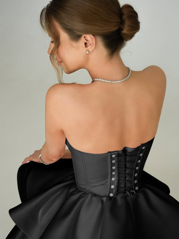 Ravena | Black - A Line Sweetheart Satin Ruffles Short Homecoming Dress