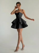 Ravena | Black - A Line Sweetheart Satin Ruffles Short Homecoming Dress