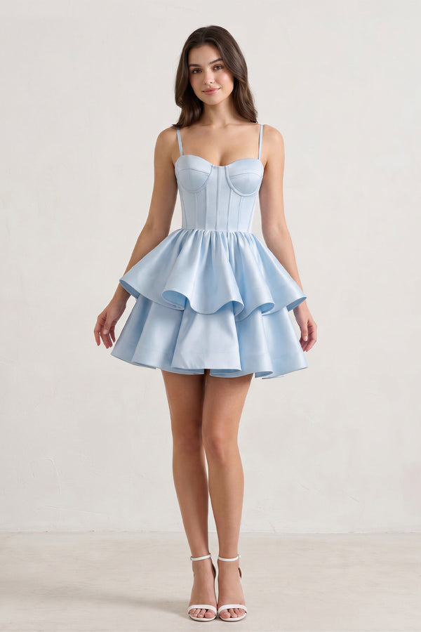 Sky Blue A Line Sweetheart Satin Ruffles Short Homecoming Dress-KISSPROM