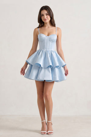 Sky Blue  A Line Sweetheart Satin Ruffles Short Homecoming Dress-KISSPROM