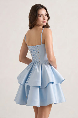 Sky Blue A Line Sweetheart Satin Ruffles Short Homecoming Dress-KISSPROM